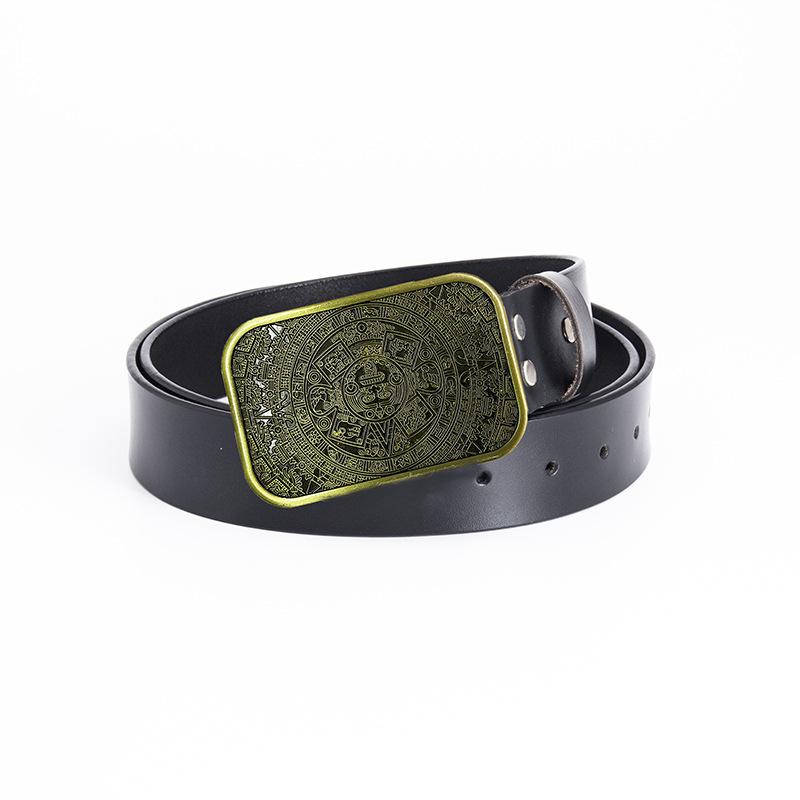 Glossy Whole Cowhide Belt, Zinc Alloy Ancient Tin Aztec Calendar Belt, Retro Large Size Pure Leather Belt.