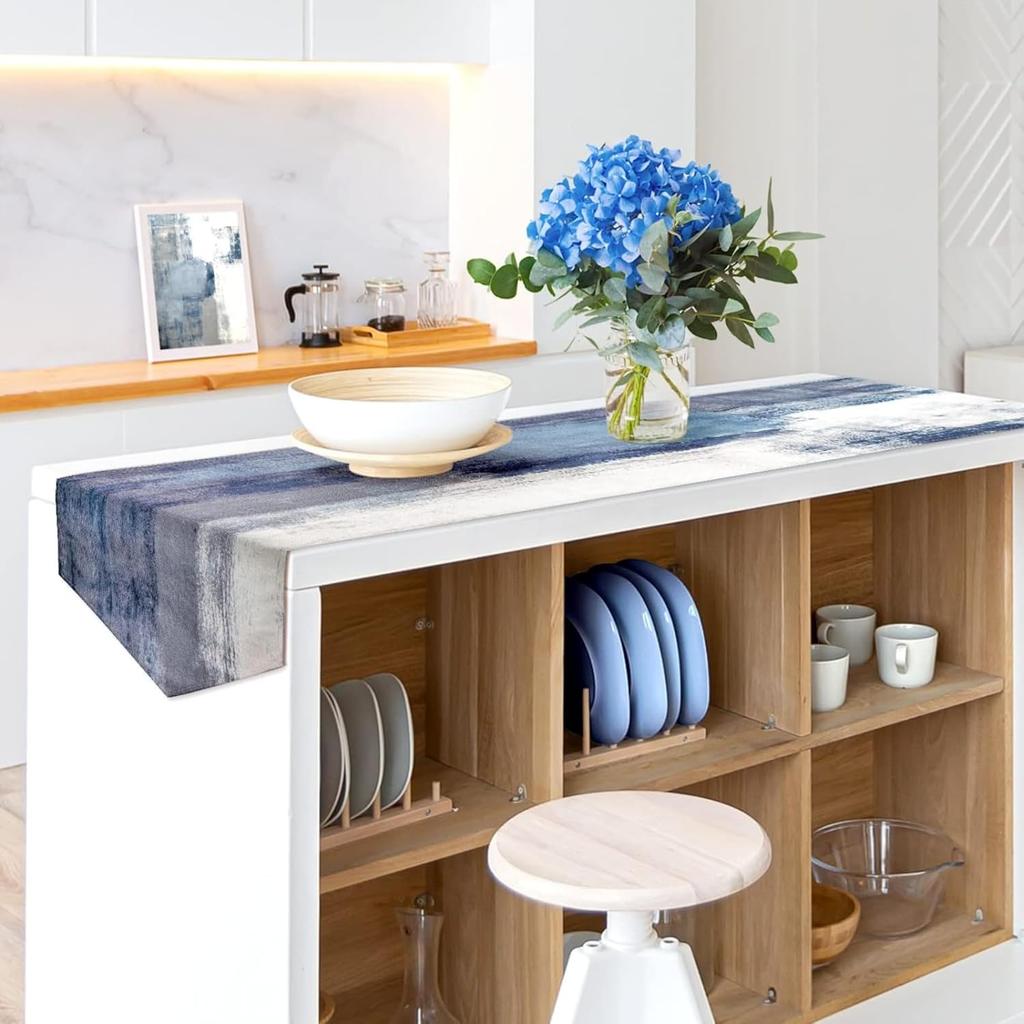 Blue and Grey Table Runner 13x72 Inch Modern Abstract Art Painting Kitchen Dinning Table Decoration for Home Party Décor