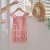 3D Butterfly Mesh Puff Sleeve Girls' Dress - 2025 Summer Smocked Waist Baby Princess Style