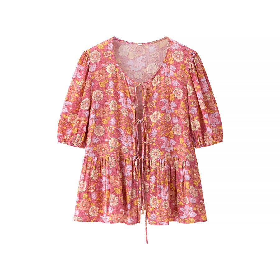 

European & American Women s Rayon Crinkle Print Embroidered Short-Sleeve Shirt - Summer 2025 Fashion Medium рожевий