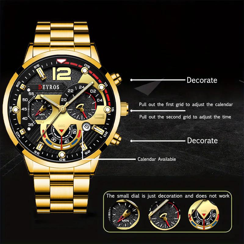 3pcs/set, 1pc Fashion Calendar Men's Quartz Watch, Business Men's Stainless Steel Wrist Watch, Men's Gifts
