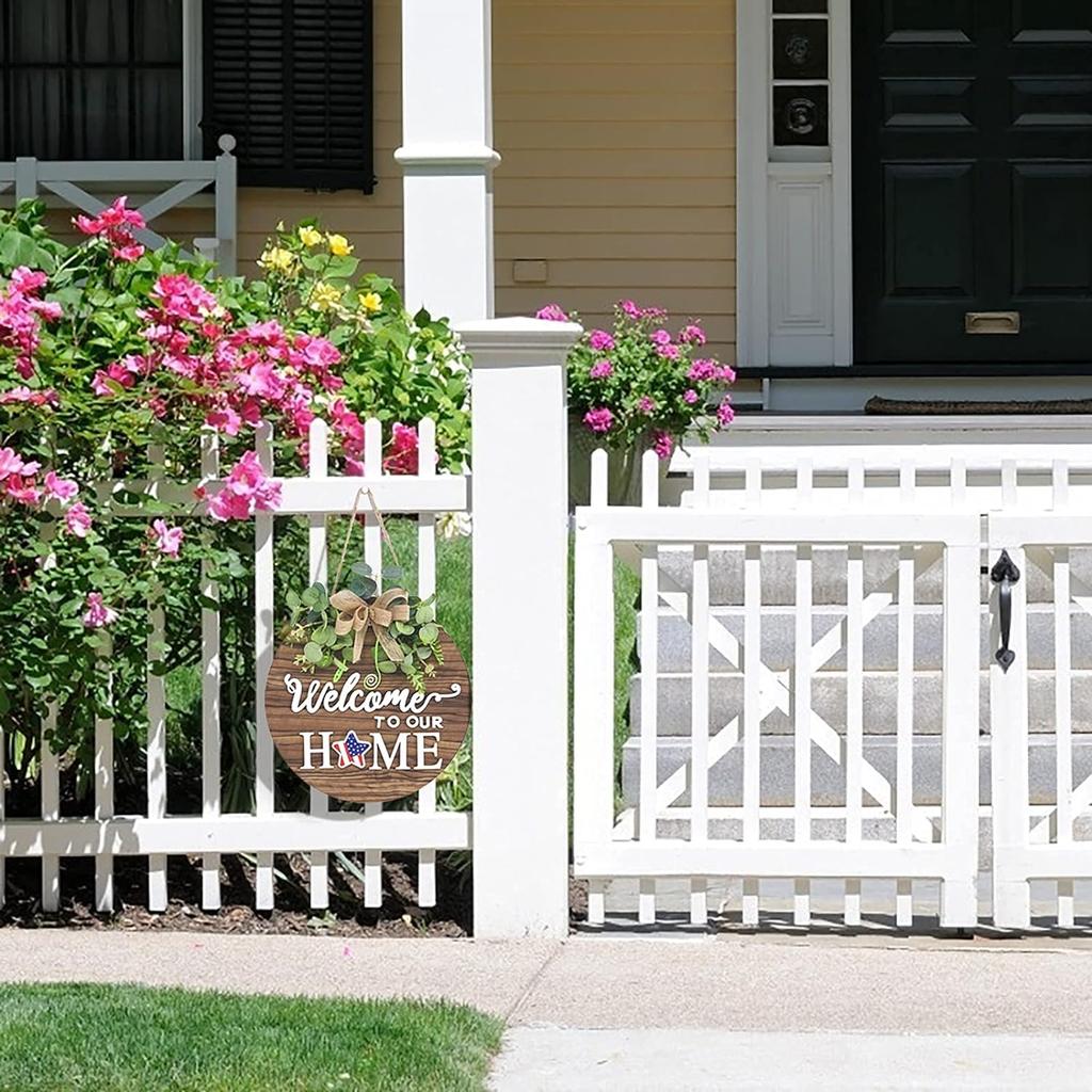 1 Set Seasonal Welcome Sign Front Door Decoration, Rustic Round Wood Wreaths Wall Hanging Outdoor, Farmhouse, Porch