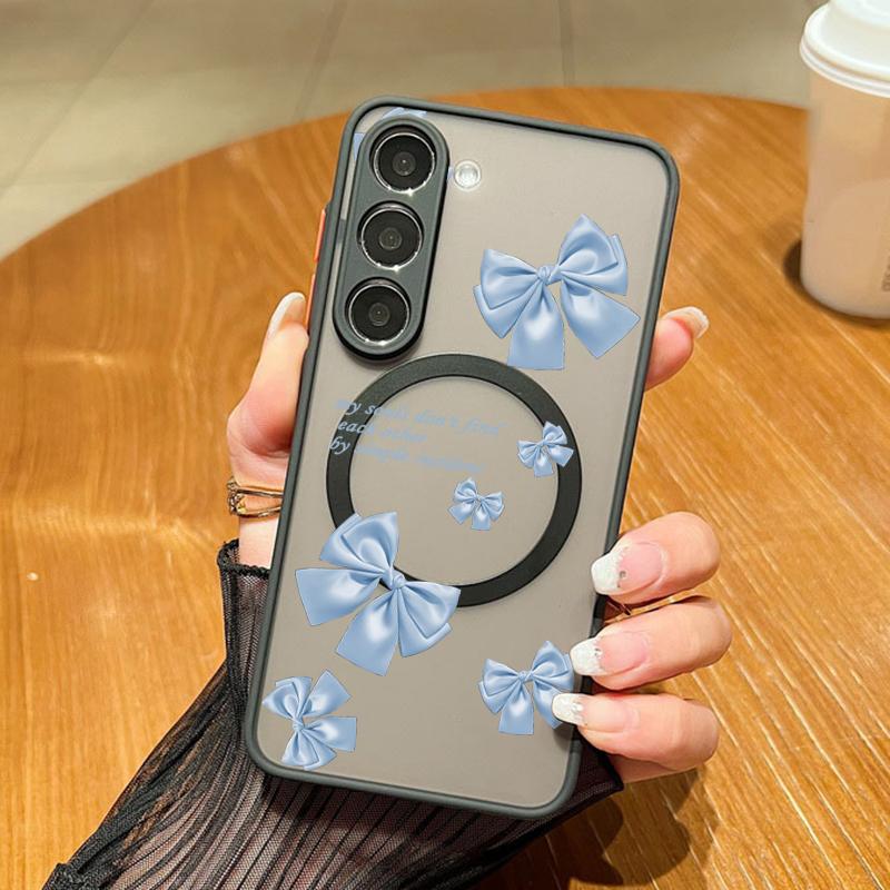 Bowknot Pattern Clear Magnetic Case For Samsung S25 S24 FE S23 Ultra S22 A56 A36 A15 A55 A35 Wireless Charge Shockproof Slim Matte Hone Cover