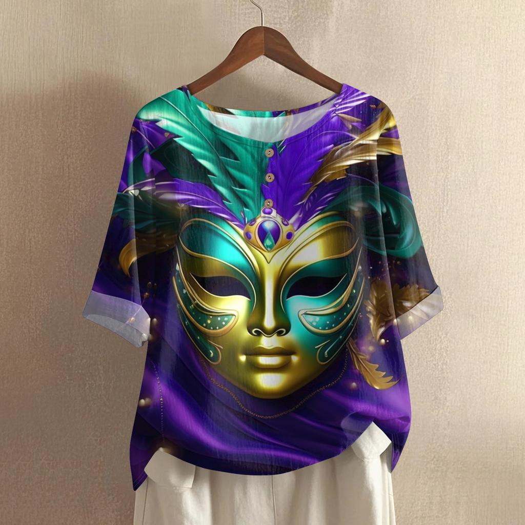 Women's Fashionable And Casual Shirt 3/4 Sleeve Round Neck Print Blouse Top