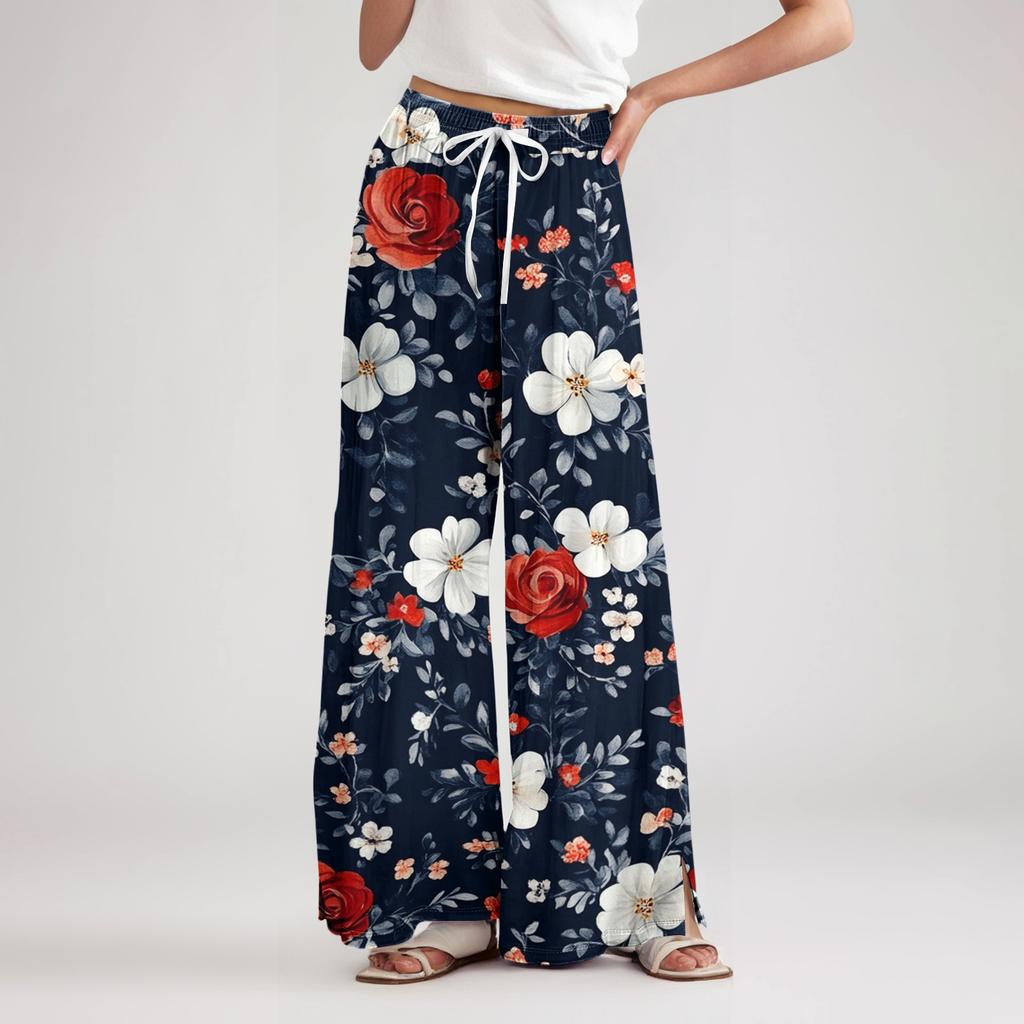 Women's Loose Casual Floral Print Wide Leg Pants With Elastic Waist Drawstring And Pocket Pants