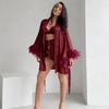 Womens Soft Feather Splicing Pajama Set 3-Piece Thin Breathable Loungewear All