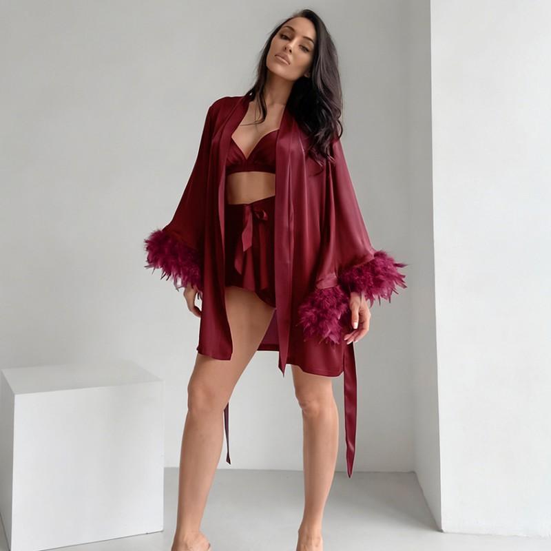Womens Soft Feather Splicing Pajama Set 3-Piece Thin Breathable Loungewear All