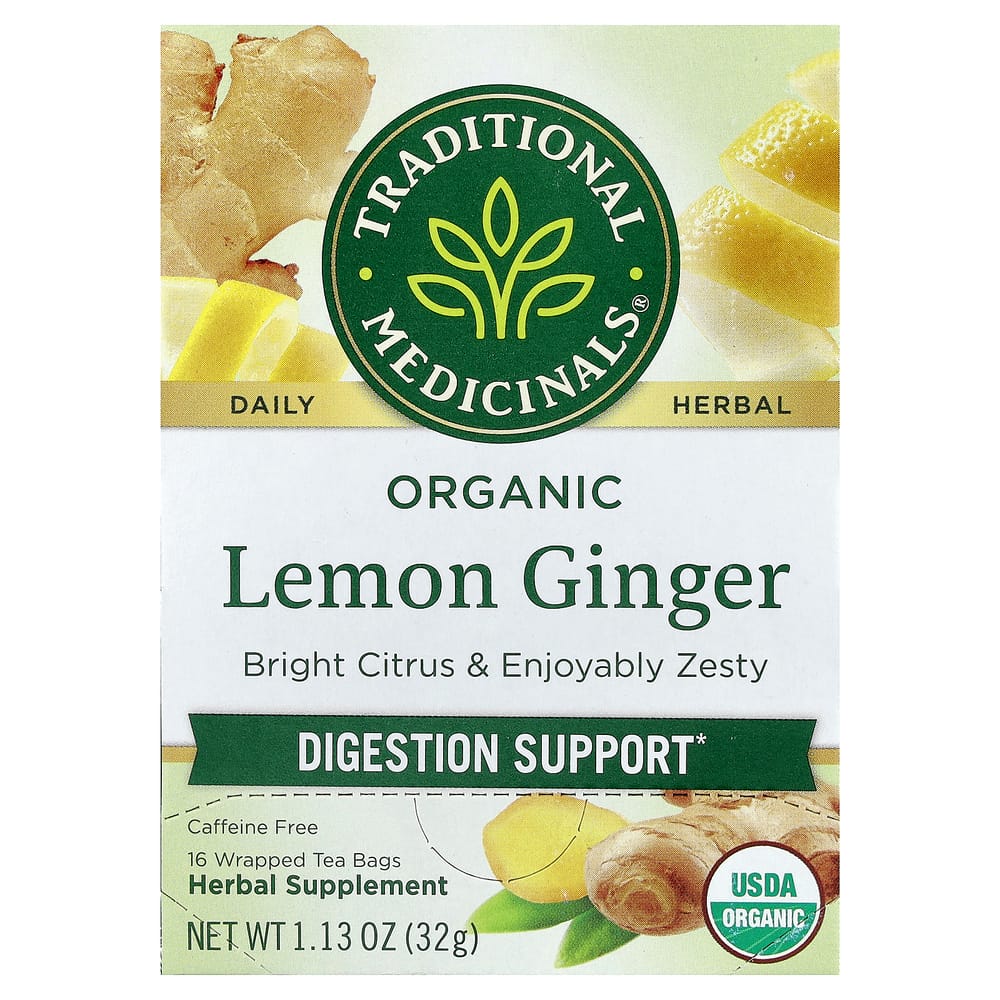 Traditional Medicinals Lemon Ginger Caffeine-Free Herbal Tea, 16 Wrapped Tea Bags