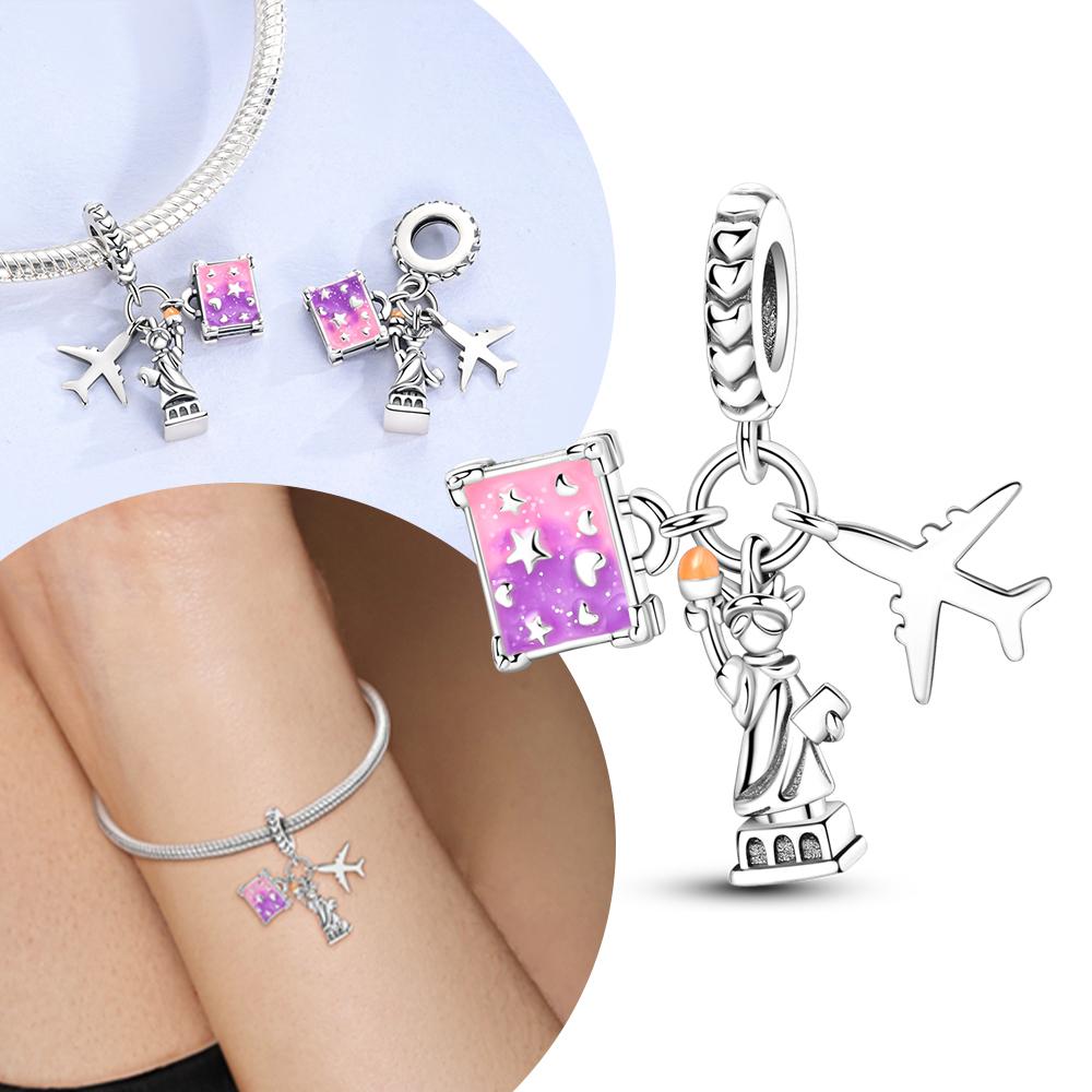 Aeroplane Charms Pink Stars Moon Travel Box Statue Of Liberty Beadsfit Copper Bracelet Necklace Diy Women Phone Charms