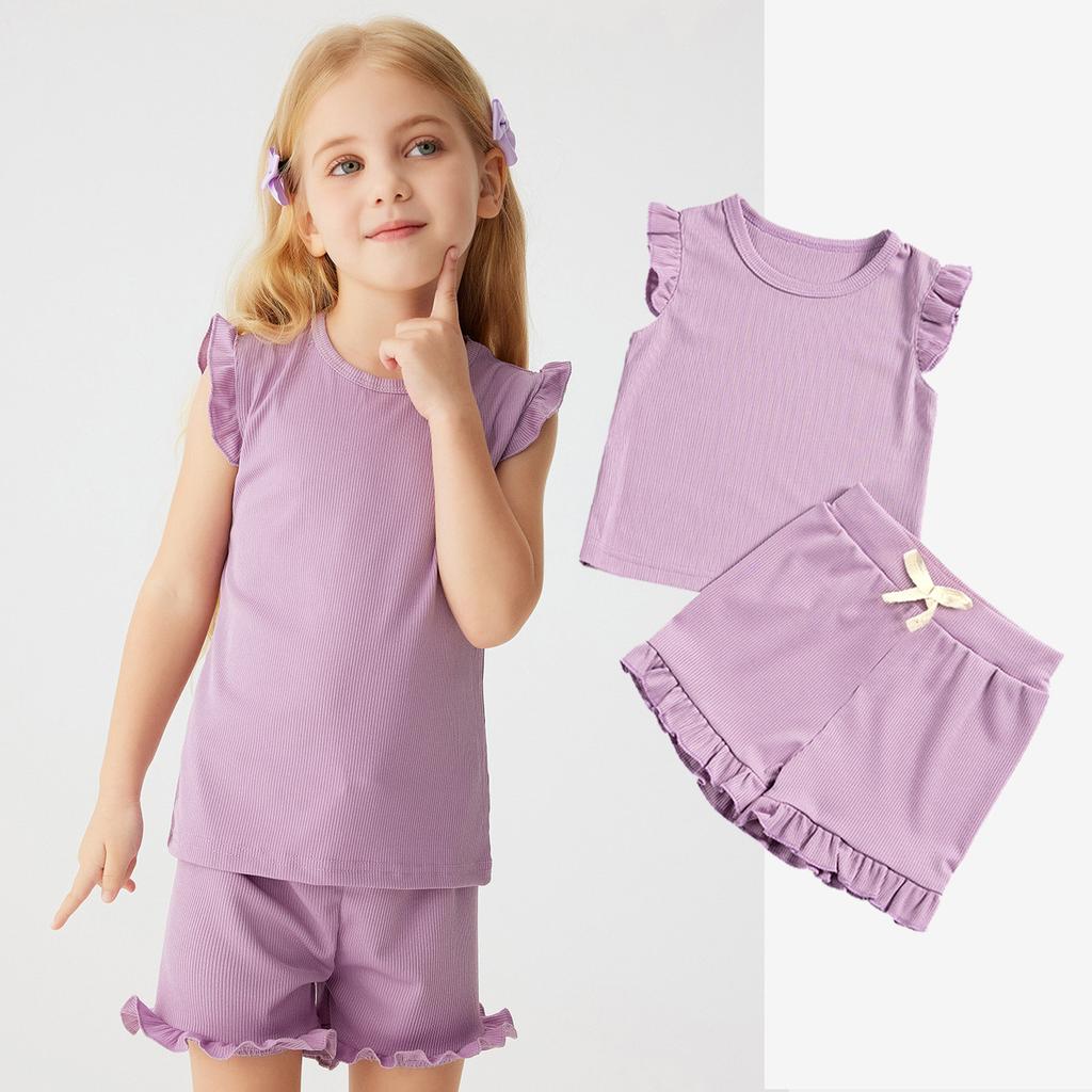 Girls' Solid Color Short Sleeve Shorts Set 2025 Summer Children's Fashion Set