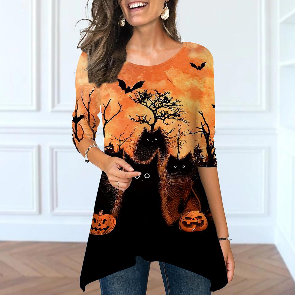 Women Spring O Neck Black Cat Print Tops Fashion Long-sleeved Irregular Hem T-shirt Tops