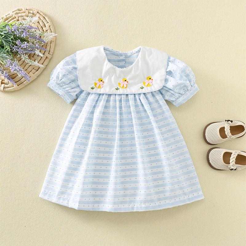 Girls Summer Striped Bubble Sleeve Dress Cute Yellow Duck Embroidery Large Collar A Line Short Sleeve Dress 110cm синий