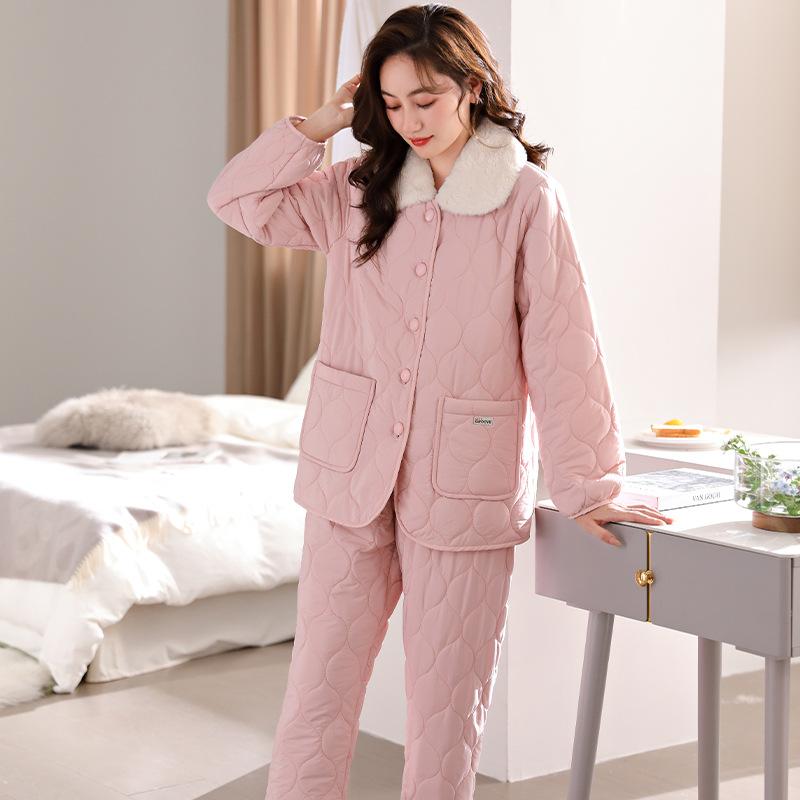 Pajamas Women'S Winter Three-Layer Thickened Padded Cotton Windproof Antistatic Coral Fleece Padded Jacket Autumn And Winter Loungewear Warm Suit