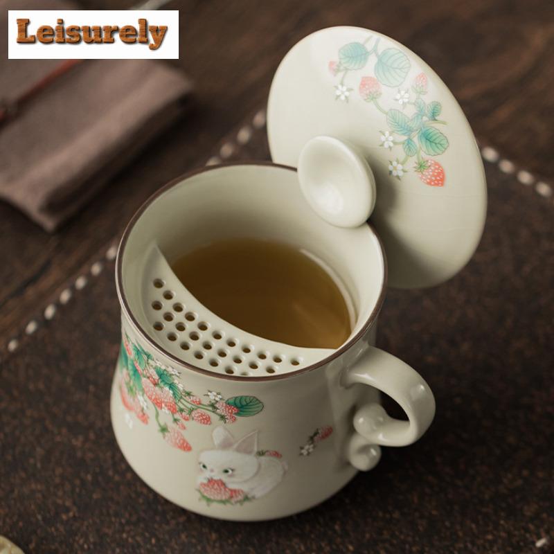 350ml Ru Kiln Strawberry Rabbit Crescent Moon Filter Tea Separator Cup Handmade Tea Mug With Infuser Tea Maker Office Water Cup