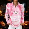 Women's Casual Button Long Sleeve Christmas Print Collared Top with Side Slits at Hem