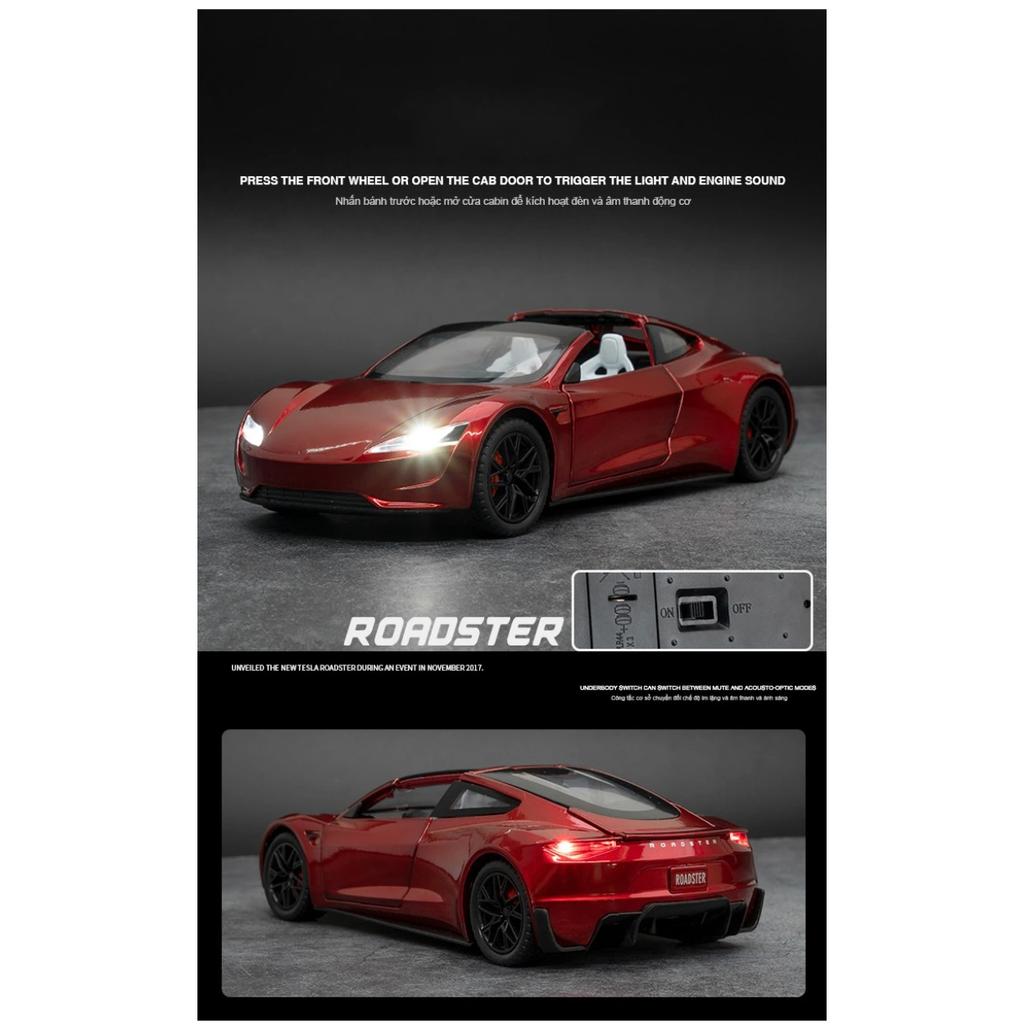 1/24 Tesla Roadster Convertible Alloy Sports Car Model Diecast Metal Toy Concept Car Model Simulation Sound and Light Kids Gift