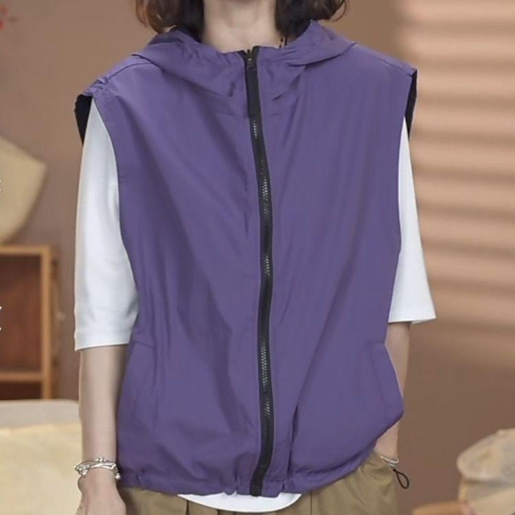 Double Sided Sleeveless Hooded Jacket for Women Autumn Loose Drawstring Zipper Top Solid Color Versatile Vest