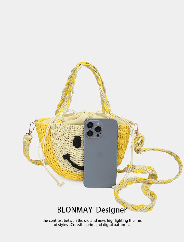 Korean Color Block Smiley Woven Bag - Versatile Casual Basket for Beach & Everyday Use