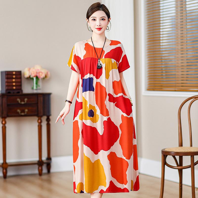 2 Neues hochwertiges florales Baumwoll-Seiden-Kleid für Damen-Sommer-Temperament, Bauchbedeckung für Mütter, große Größe künstliche Baumwolle langer Rock