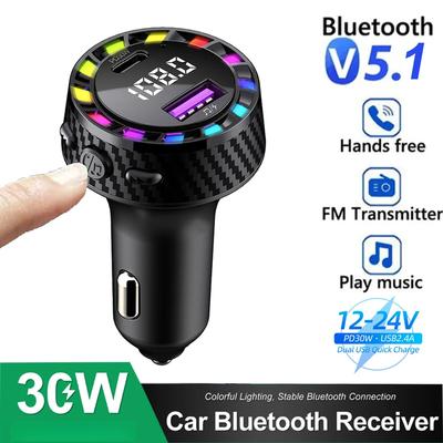 Auto Bluetooth 5.3 FM-Transmitter Autoladegerät Audio Dual USB Typ C Schnellladegerät Buntes Licht Freisprecheinrichtung MP3-Player