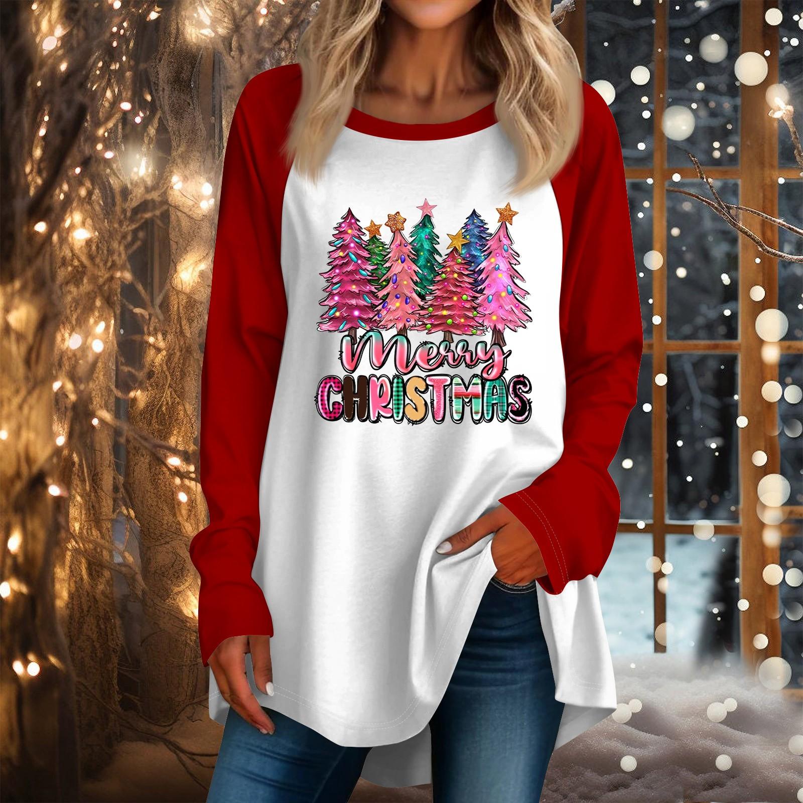 

Женская повседневная футболка больших размеров с длинными рукавами и круглым вырезом с рождественским принтом, топ, пуловер XL белый