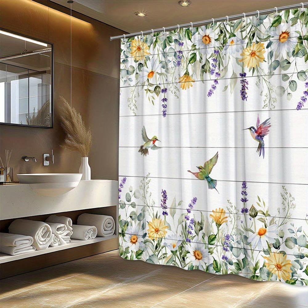 Charming Floral and Hummingbird Shower Curtain for a Fresh and Inviting Bathroom, Featuring Vibrant Yellow Daisies, Purple