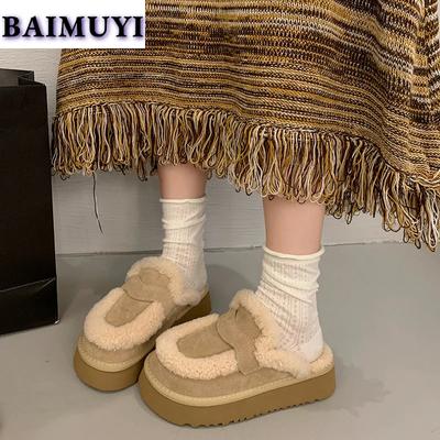 Flats Platform Suede Cotton Shoes Women Fur Slippers 2025 Trend Winter Brand Plush Slides Thick Sole Furry Warm Snow Botas Mujer