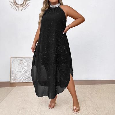 Plus Size Elegant Sleeveless Halter Neck Embellished Silver Foil Chiffon Bodycon A Line Midi Dress Casual Evening Party Wear