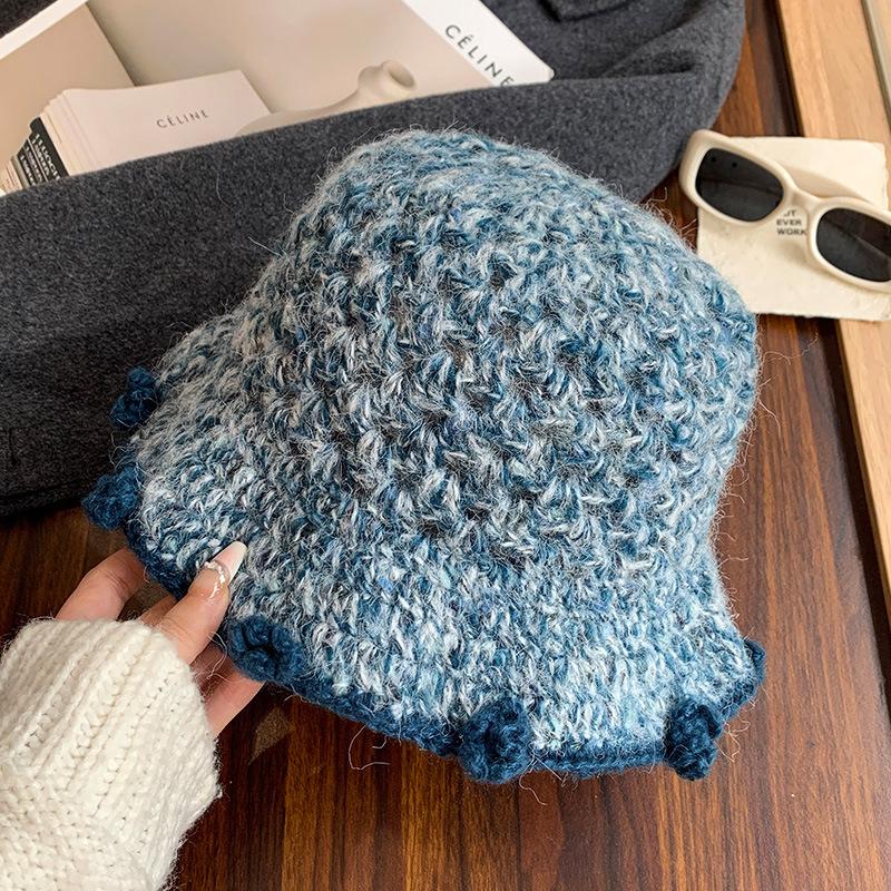 Handwoven blue flower bucket hat women's autumn and winter sweet versatile atmosphere knitted hat warm wool hat