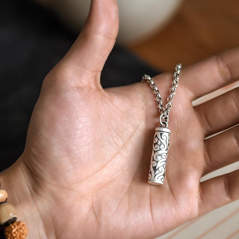 Ancient Hollow Charm Necklace For Holding Sacred Scroll Engraved Intricate Design Matte Finish Black Strap Included