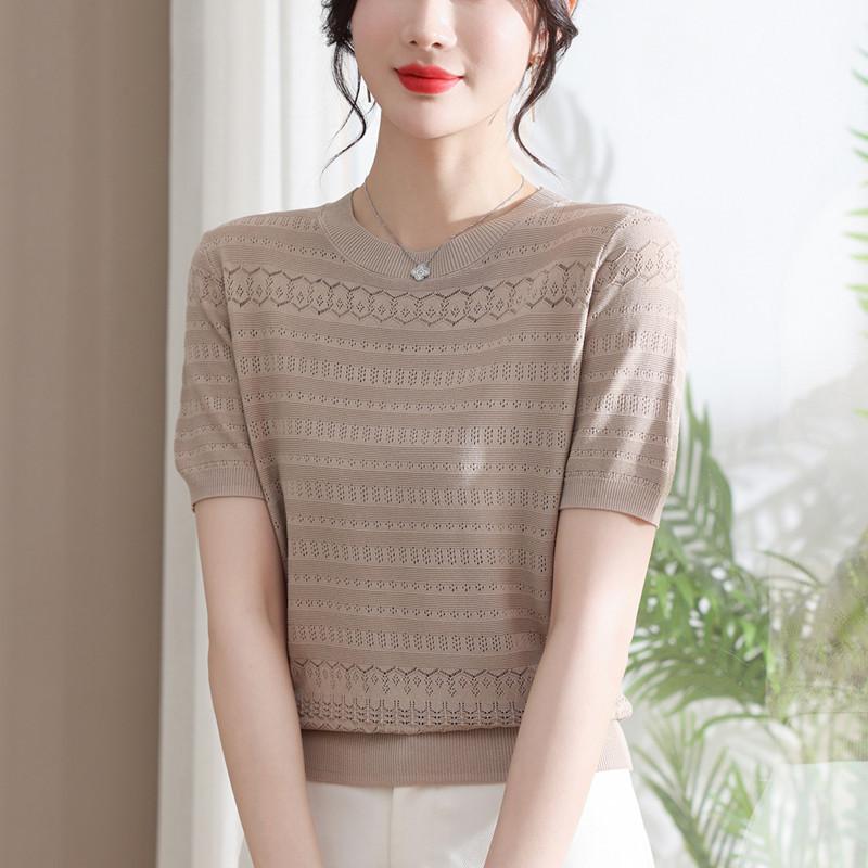 

Ледяной шелк с короткими рукавами вязаный свитер женский летний круглый вырез тонкий дизайн чувство короткий жаккардовый топ футболка женская One Size