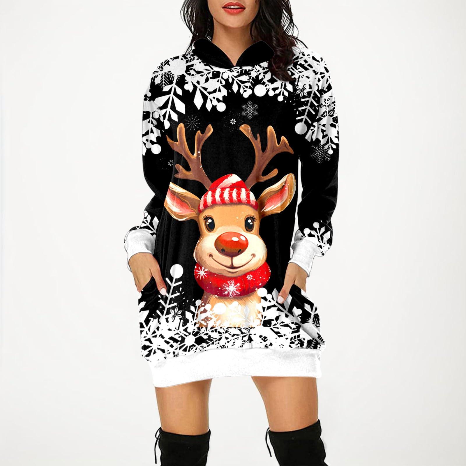 

Женская мода Свободная повседневная толстовка с капюшоном с длинными рукавами и карманами с рождественским принтом Топ XL чёрный