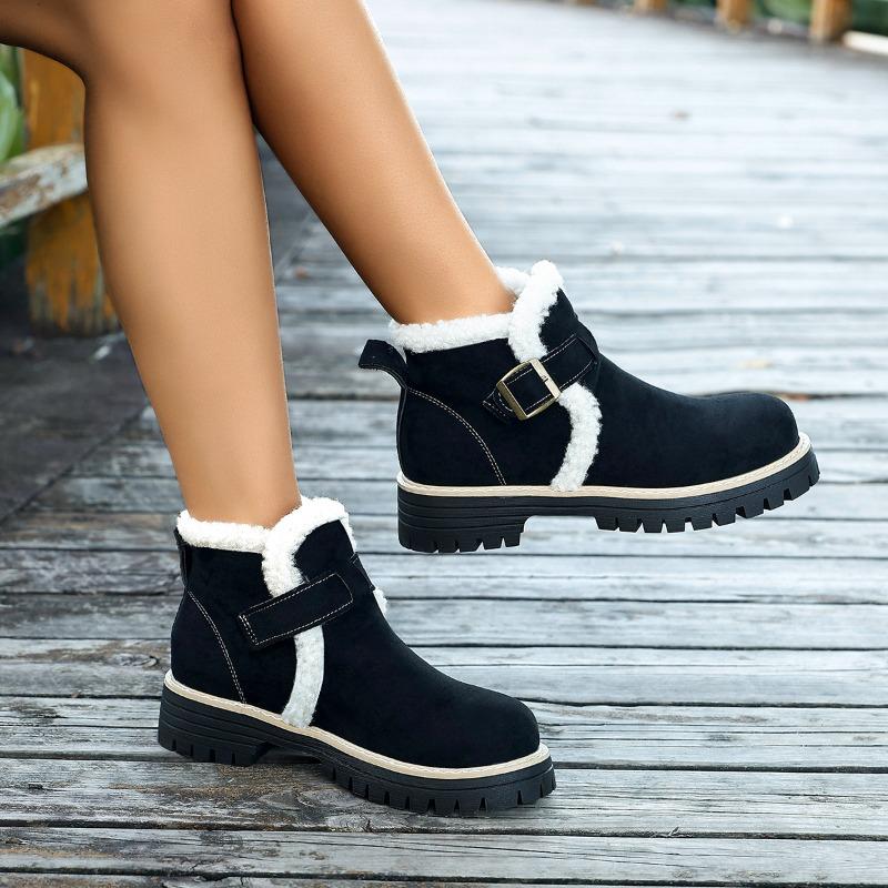 Fleece platform British style plus size cotton shoes women's 2025 winter new warm round toe buckle hairy booties