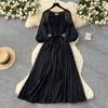French Elegant Dress Women's High-end Fashion Stand-up Collar Flower Round Neck Lantern Sleeve Waist Strap Pleated Dress