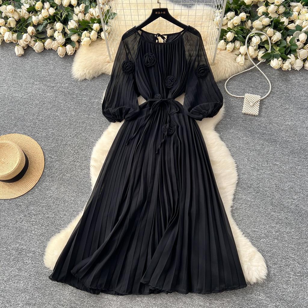 French Elegant Dress Women's High-end Fashion Stand-up Collar Flower Round Neck Lantern Sleeve Waist Strap Pleated Dress
