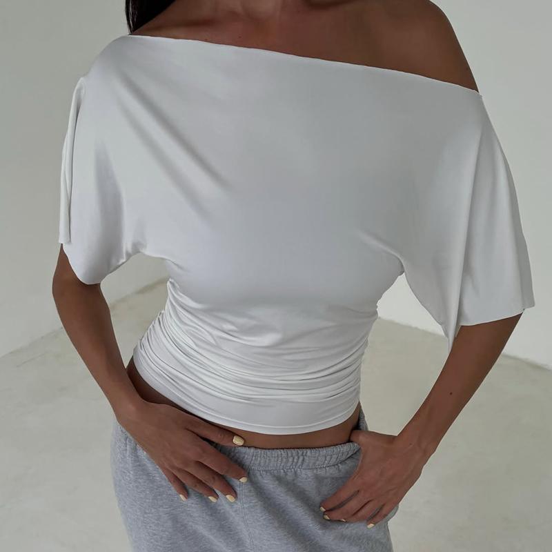 

Summer Off Shoulder T-shirt Women Tops Slim Shrink Short Sleeve T-Shirts Sexy Party Y2k Shirts Tee Streetwear Solid Pullover Tops L білий
