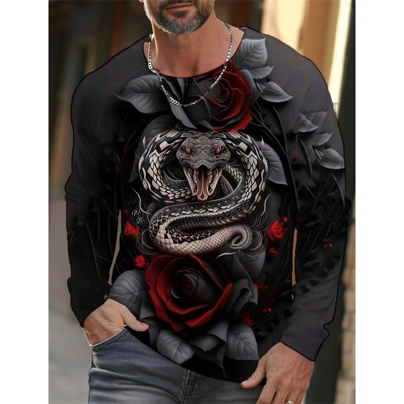 Spring and Autumn Round Neck 3D Snake Pattern Printed Top Fashionable Casual Long Sleeved Men's T-shirts