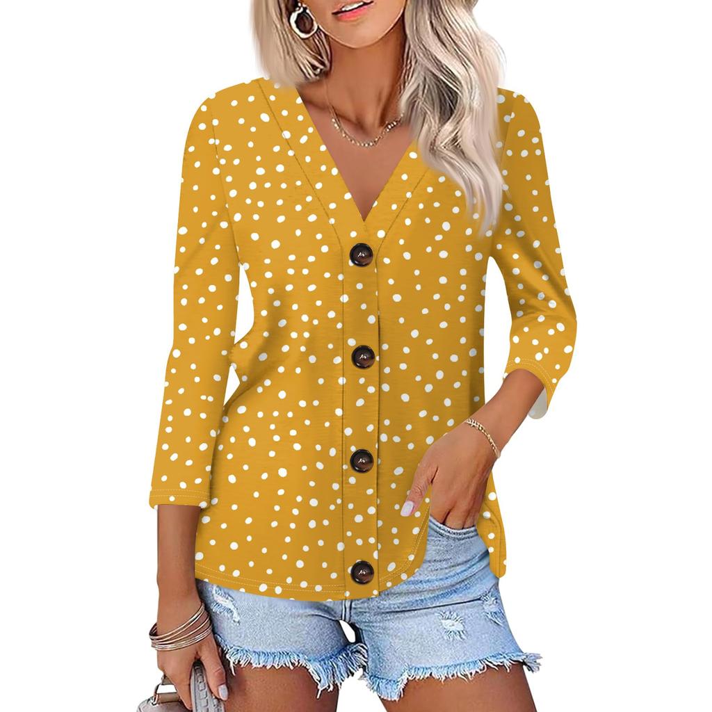 Women's Fashion Casual Print Button-down Shirt 3/4 Long Sleeve Tops