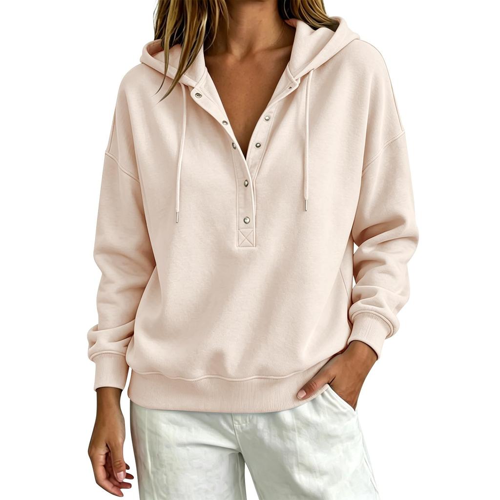 Women's Casual Button Front Hoodie Loose Fit Color Sweatshirt