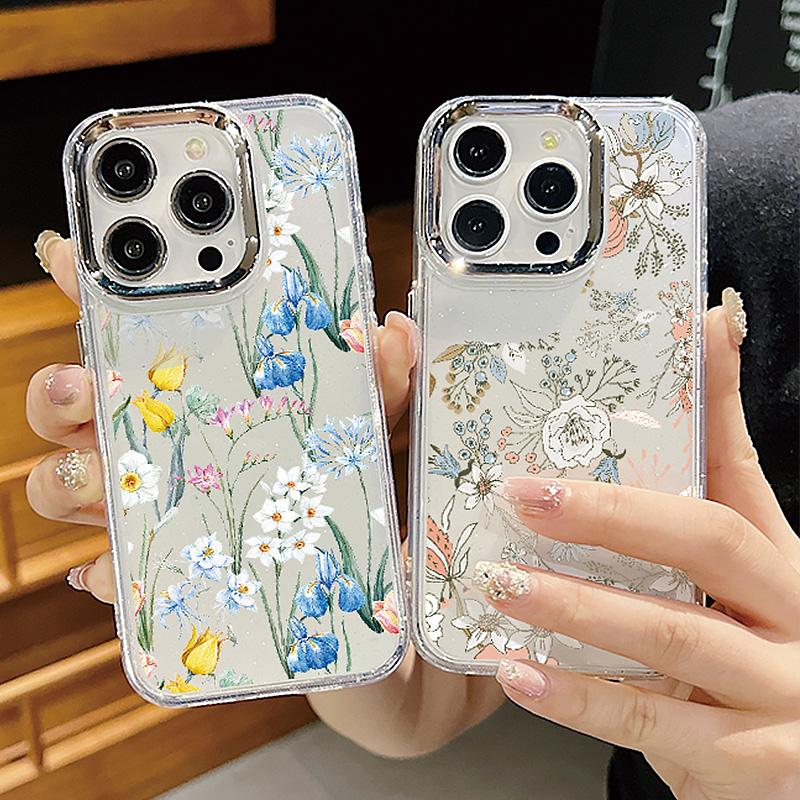 Plating Lens Frame Flowers Love Heart Phone Case For iPhone 16 15 14 13 12 Pro Max Plus 11 Clear TPU Shockproof Cover