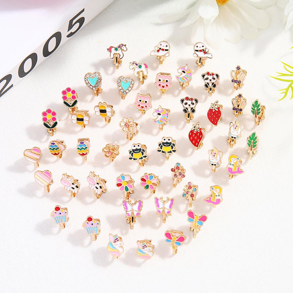 24 Pairs Mixed Color Clip-on Earrings Suitable for Non-perforated Ears Lovely Animals Flowers Heart Fruit Earrings Set