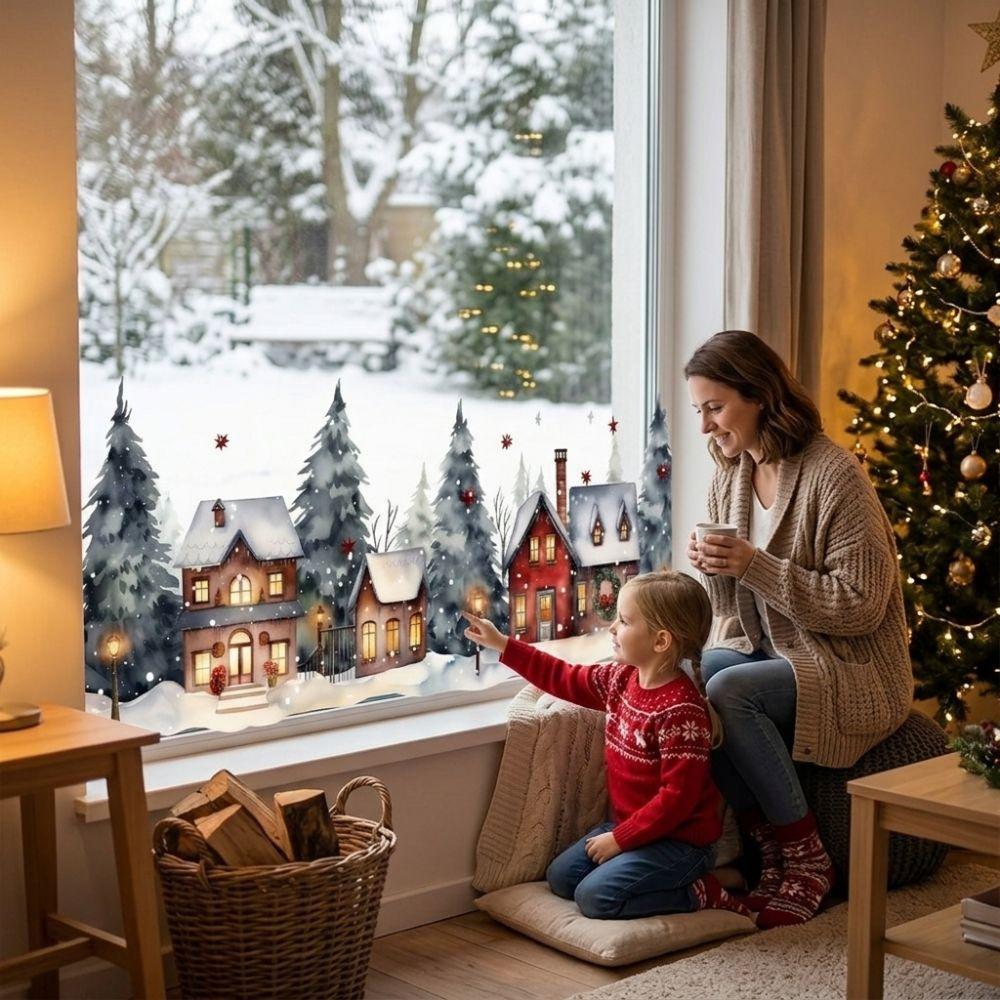 2D Flat Pattern Christmas Village Window Stickers Snowy Town Window Cling Winter Season