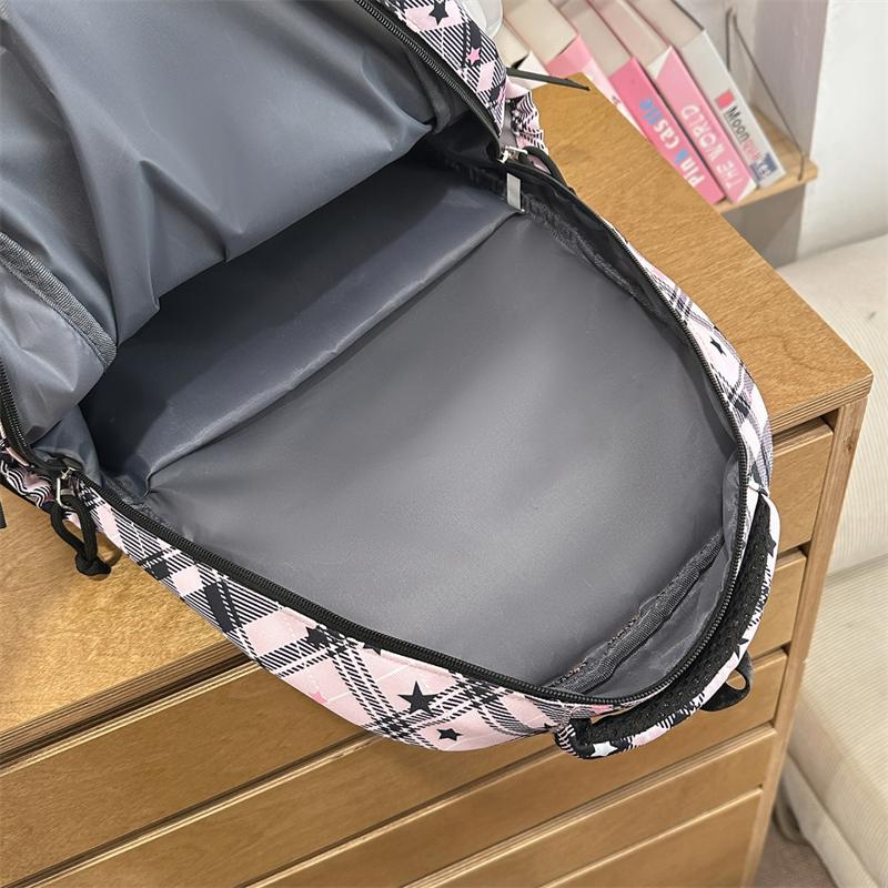 Large Capacity Plaid Backpack Women's Star Printed Student School Bag with Coin Purse