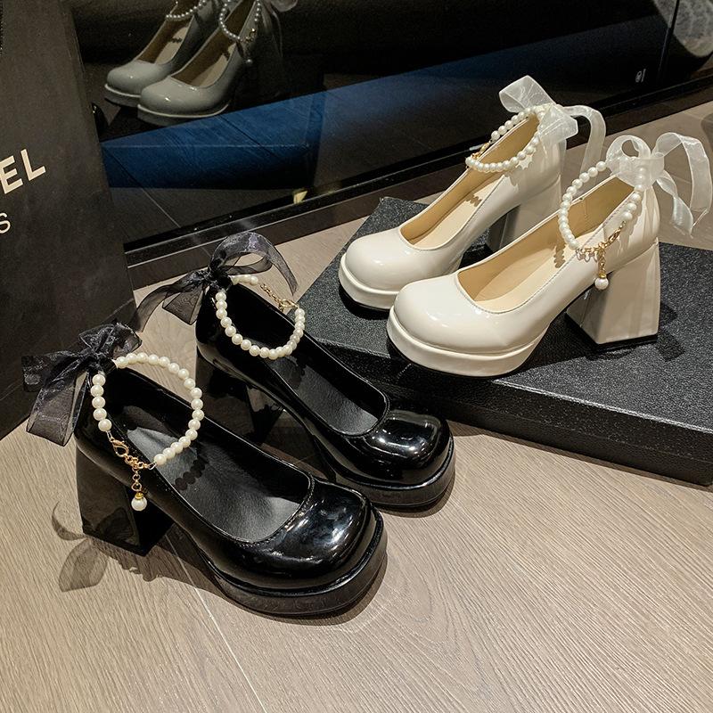 Fashion Luxury Women High Heels Elegant Square Toe Women Bow Mary Jane Shoes Pearl Lace Party Wedding Platform Shoes Fashion Women Pumps