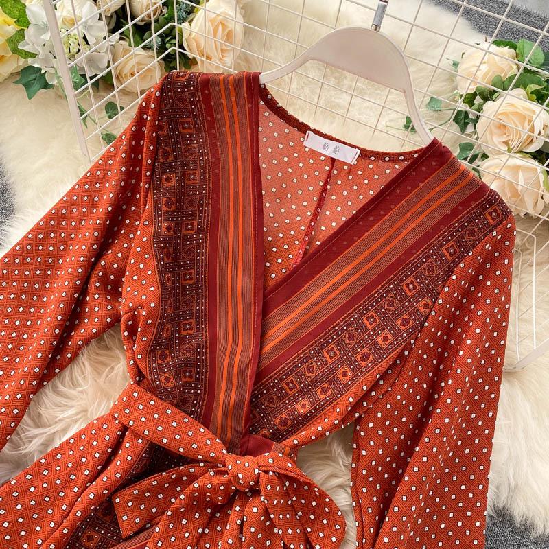 Damen Chiffon Maxikleid Bedruckt Schnürbund Langärmlig Schärpen Taille Vintage Swing Langes A-Linien-Ferienkleid