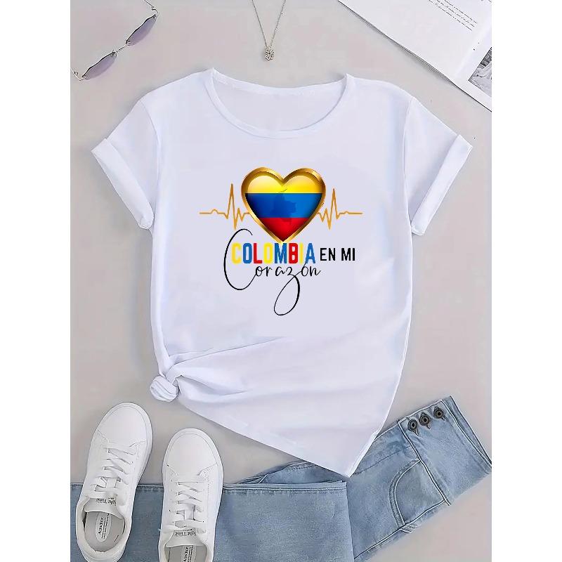 Womens Colombia Heart Graphic T Shirt Casual Short Sleeve Crew Neck Knit Tee Polyester Spandex Blend Medium Stretch Alphabet Print Summer Top