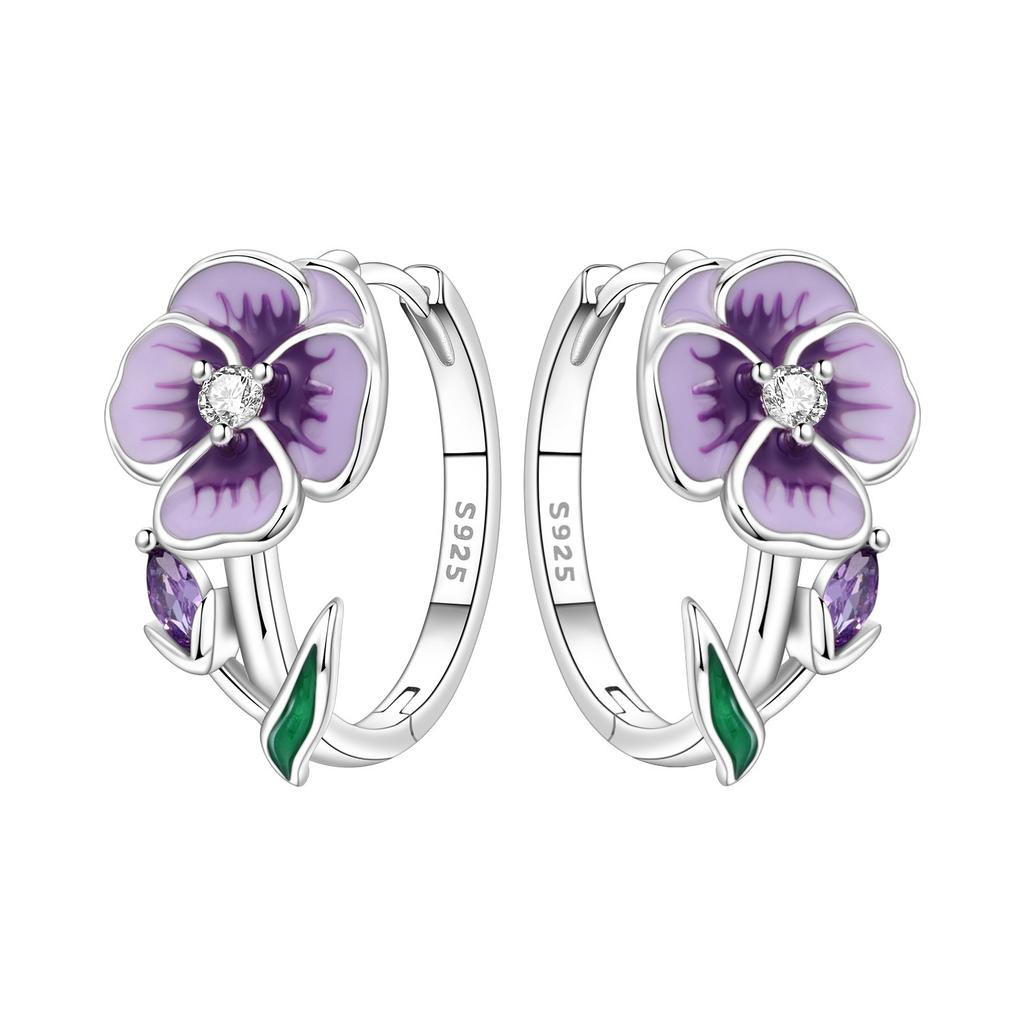Original NEW S925 Silver Pink Purple Flowers Plants leaf Series Earring Hoop Earrings Women Jewelry Party Gifts