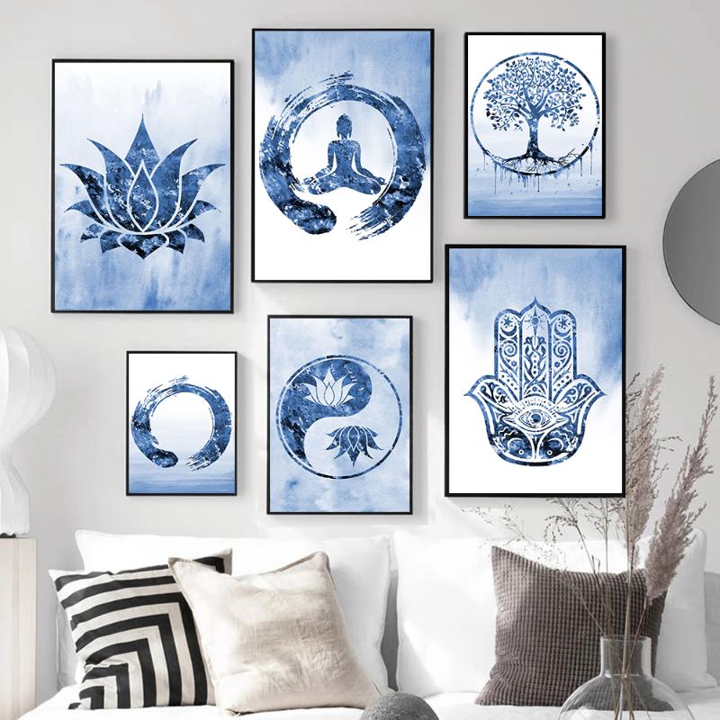 Abstract Buddha Lotus Zen Meditation Yoga Blue Posters and Prints Canvas Painting Wall Art Picture for Living Room Home Decor