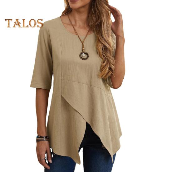 

Женские топы с круглым вырезом, коротким рукавом, неровным подолом, свободный крой, однотонная повседневная футболка, повседневная одежда S хаки