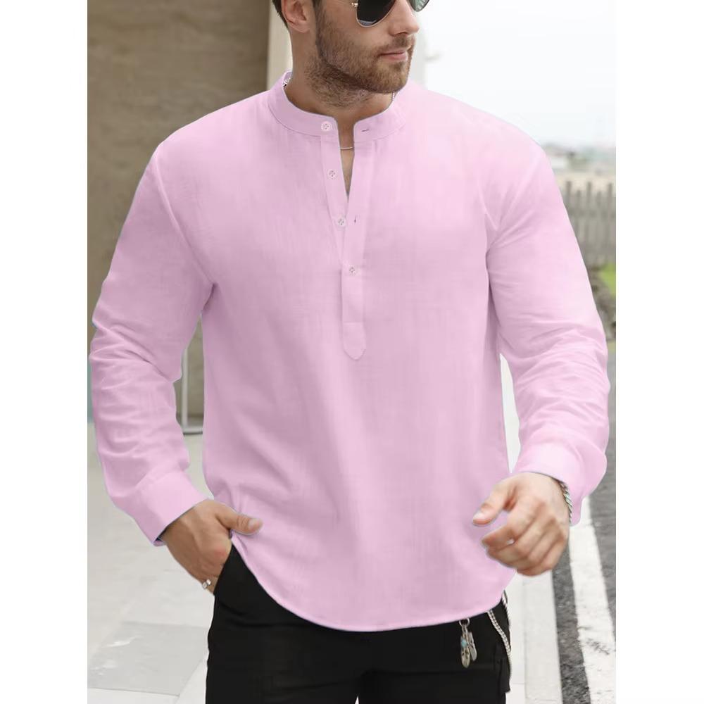 Prémiová bílá bavlněná lněná henley trička pro muže Lehká s dlouhým rukávem Ležérní streetwear pro každodenní nošení